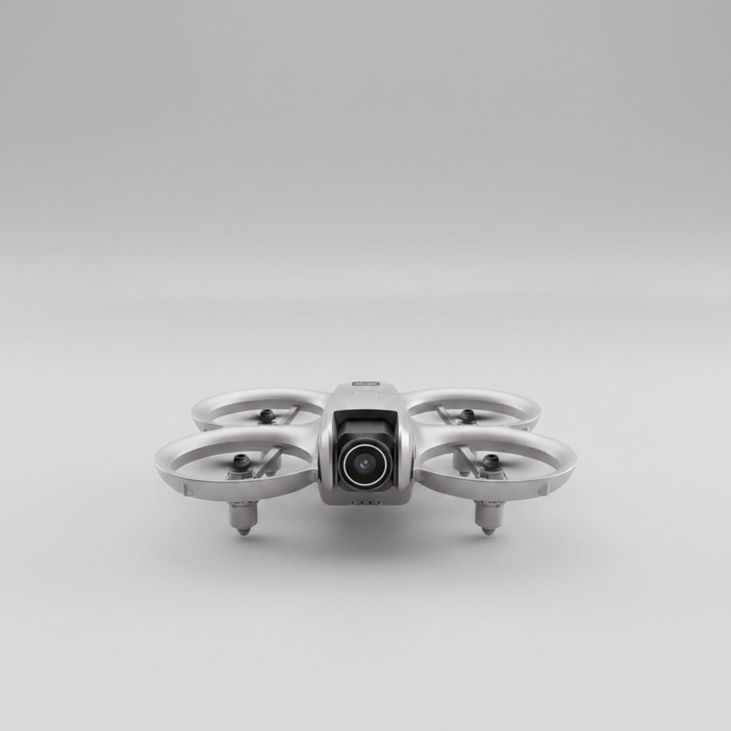 Drone with obstacle avoidance feature against a desert landscape background