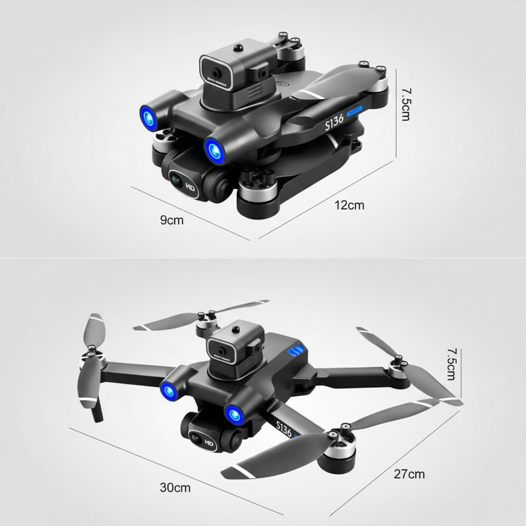 Black drone with camera and propellers, shown folded and extended, with measurements on a white background.