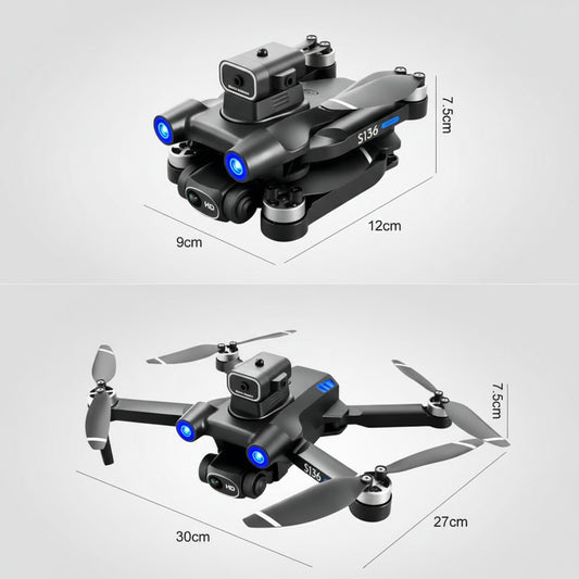 Black drone with camera and propellers, shown folded and extended, with measurements on a white background.