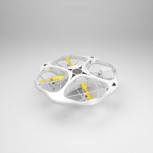 White drone with yellow propellers on a white background
