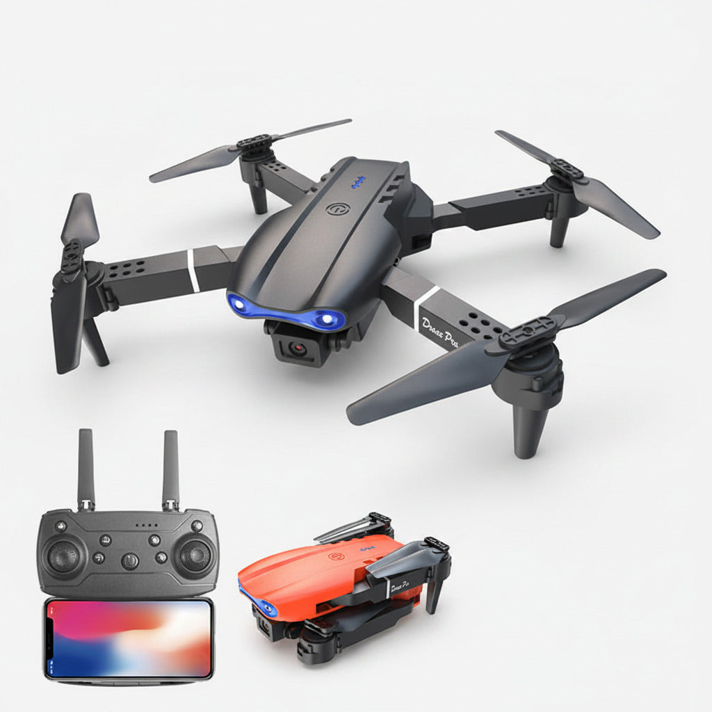 Aerial photography drone with remote control and folded drone on a white background