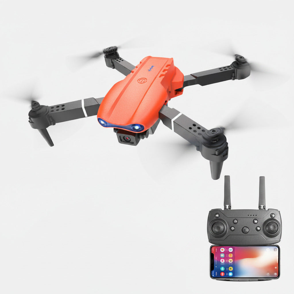 Red drone with E99 Pro branding and features listed on a white background