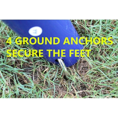 Blue ground anchor in grass with text '4 GROUND ANCHORS SECURE THE FEET' on a white background