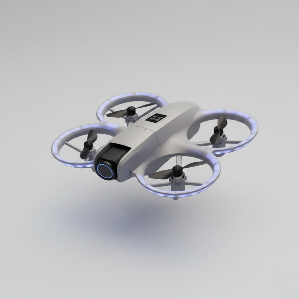 Aerial drone with hand holding it, control panel, and mountain view on screen against a blue background