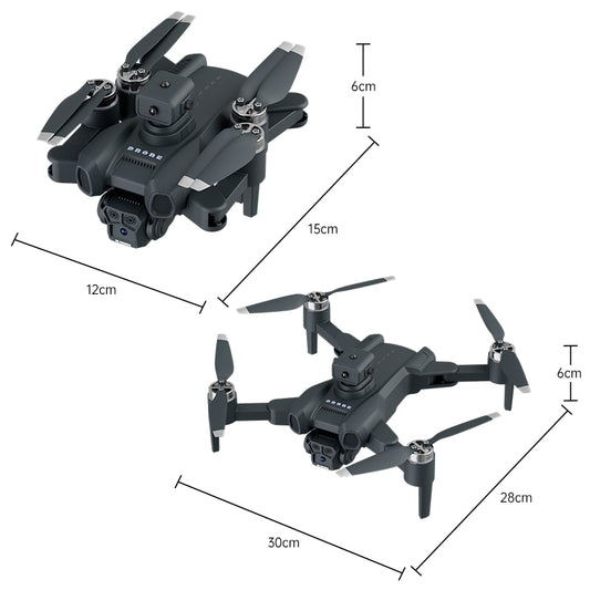 Black drone with dimensions labeled on a white background