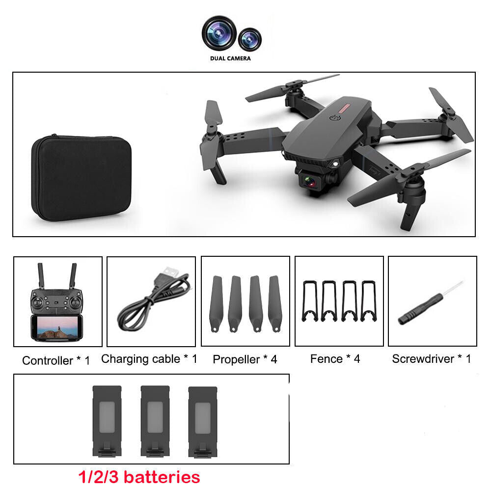 Drone with accessories including controller, charging cable, propellers, fence, screwdriver, batteries, and manuals on a white background.