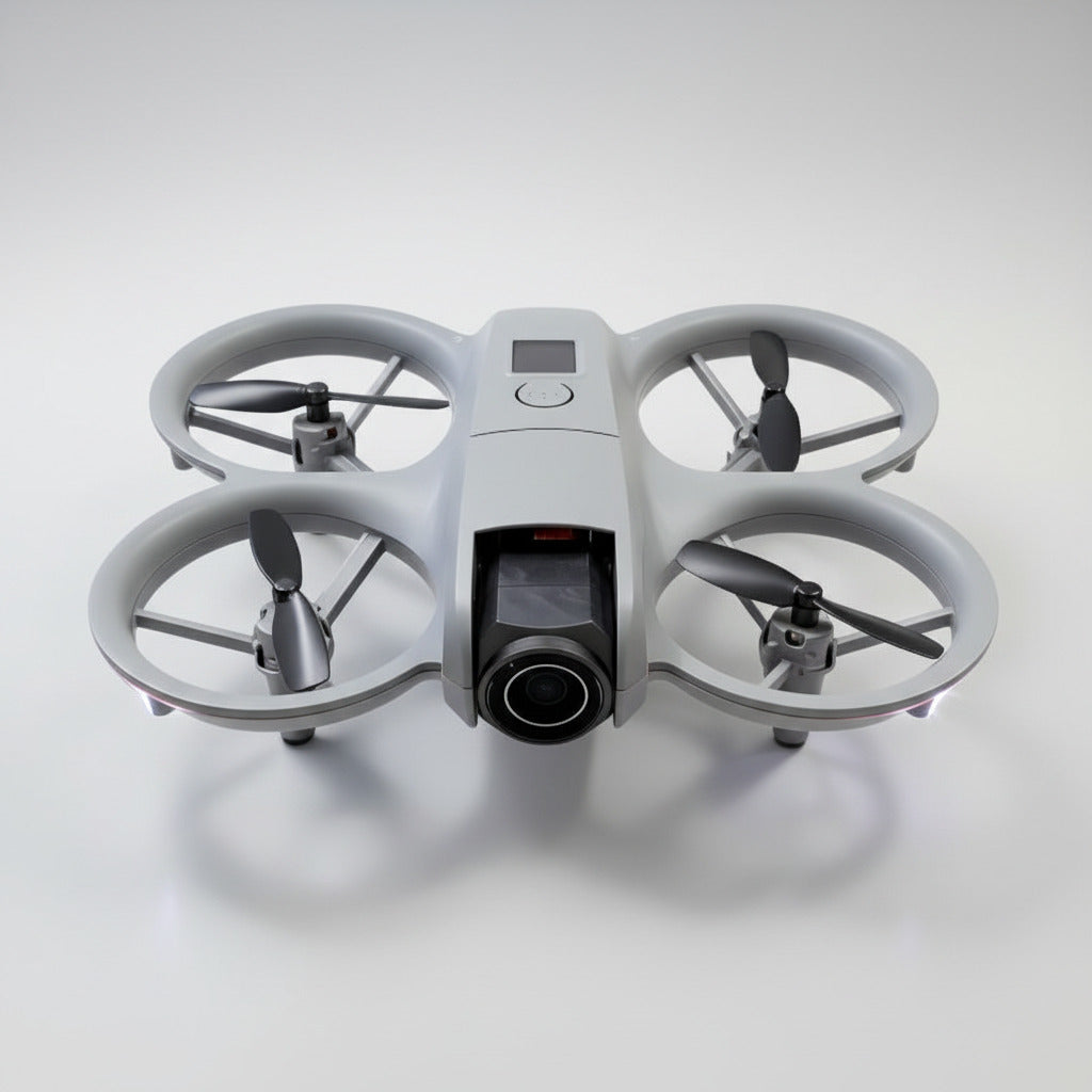 White drone with four rotors on a blue and purple gradient background