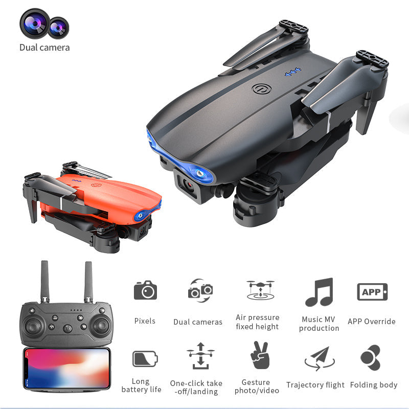 Folding drone with remote control and features listed on a white background