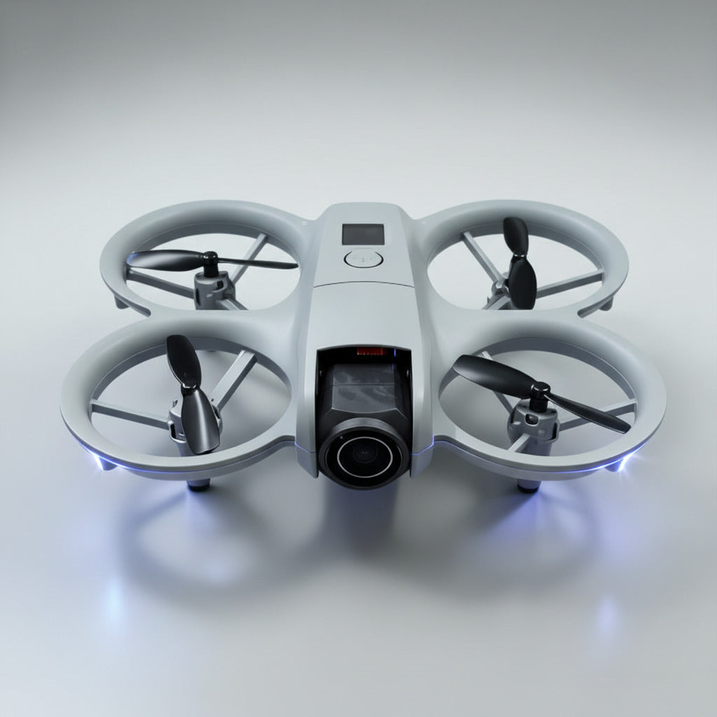 White drone with four rotors on a blue background