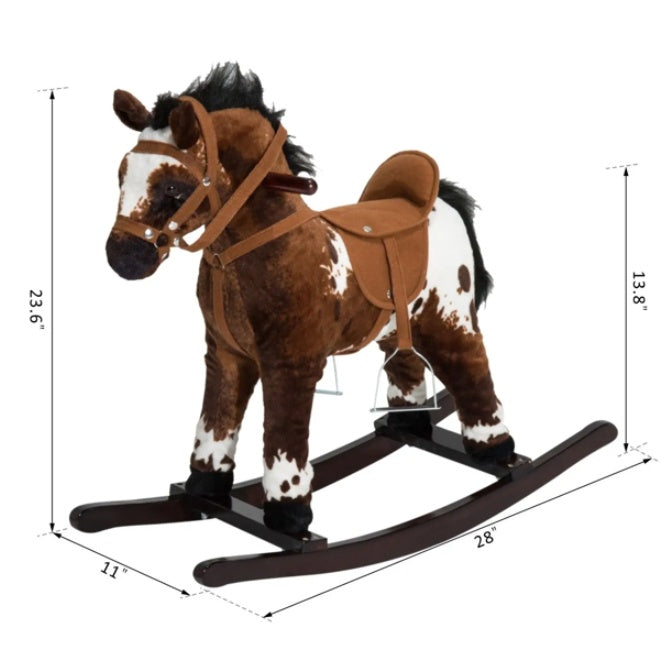 Plush rocking horse with dimensions on a white background