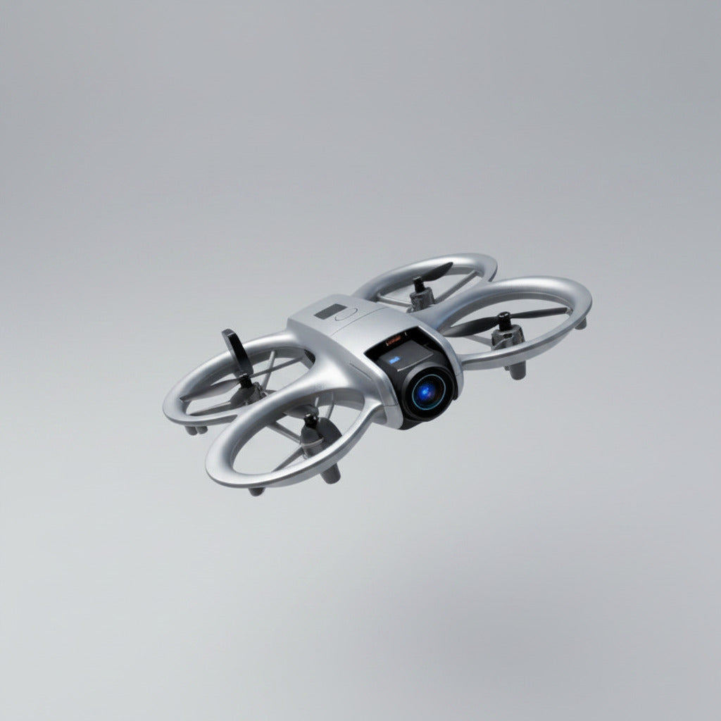 Drone flying against a cloudy sky with blue light effects