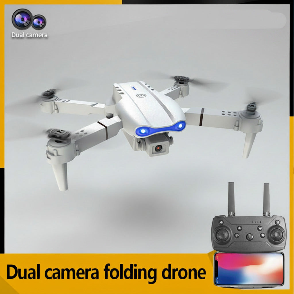 White drone with dual camera and 50x zoom feature, flying over a desert landscape with a control panel and smartphone display.