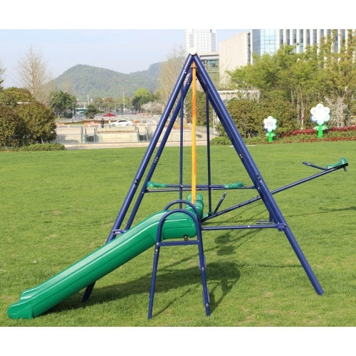 Children's playground with green slide and blue frame in a park setting.