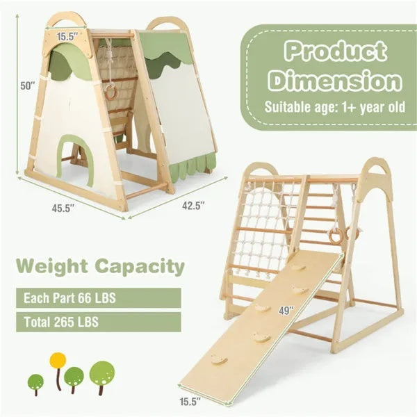 Children's play structure with dimensions and weight capacity information on a white background