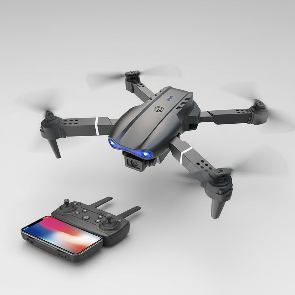 Drone with dual camera, remote control, and smartphone display on a snowy landscape background.