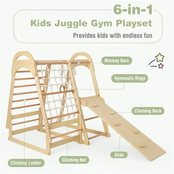 6-in-1 Kids Juggle Gym Playset with climbing ladder, monkey bars, gymnastic rings, slide, and climbing rock on a white background.