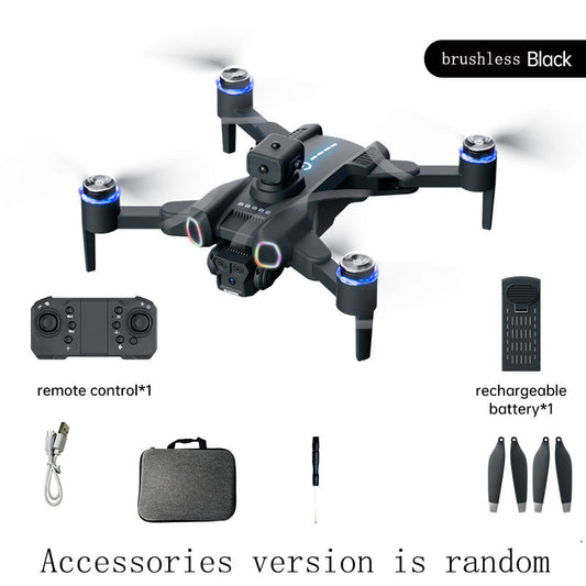 Black drone with remote control, rechargeable battery, and carrying case on a white background