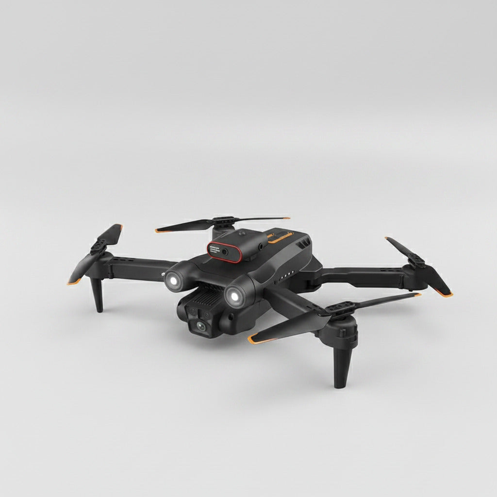 Black drone with propeller dimensions labeled on a white background