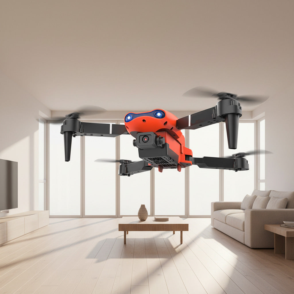 Red and black drone with dual camera on a mountainous landscape background