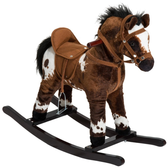 Plush rocking horse with a saddle on a white background