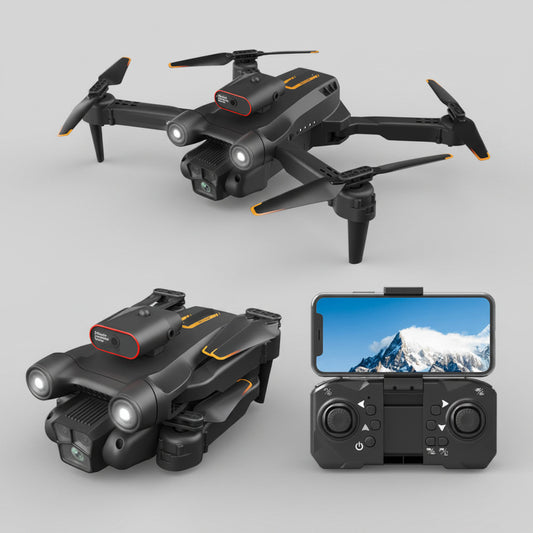 Black drone with remote control and screen displaying mountain view on a white background