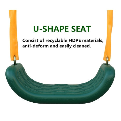 Green U-shape seat with orange handles on a white background, featuring text about recyclable HDPE materials.