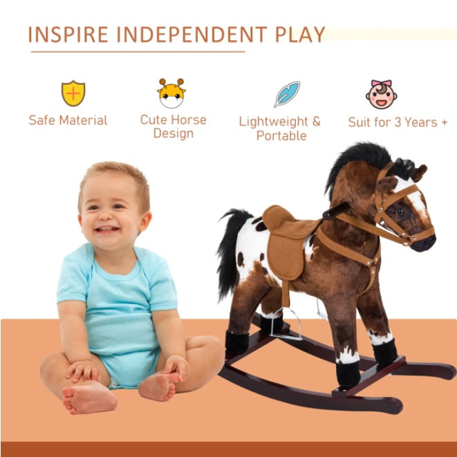 Child sitting next to a rocking horse with product features listed above.