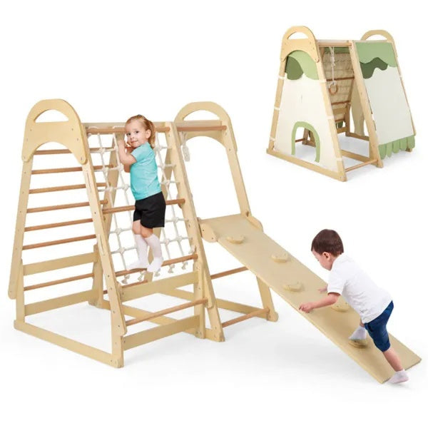 Natural wood toddler play gym with climbing ladder, rope net, and ramp with hand grips, shown with two children playing on a white background and a smaller inset view of the play structure.