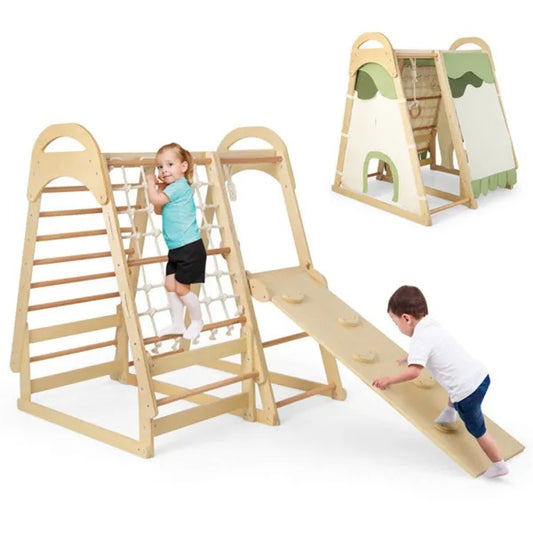 Natural wood toddler play gym with climbing ladder, rope net, and ramp with hand grips, shown with two children playing on a white background and a smaller inset view of the play structure.