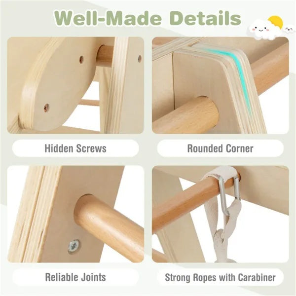 Wooden product with highlighted features like hidden screws, rounded corners, reliable joints, and strong ropes with carabiner.