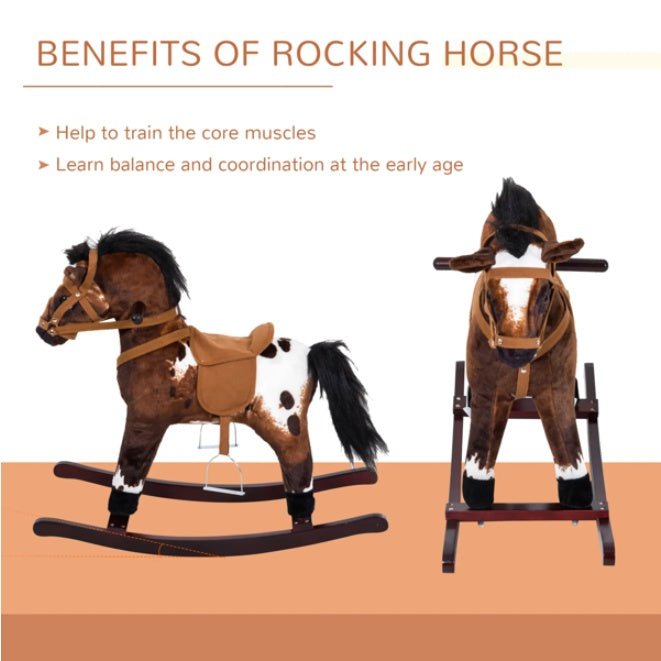 Two rocking horses on a peach background with text about benefits.