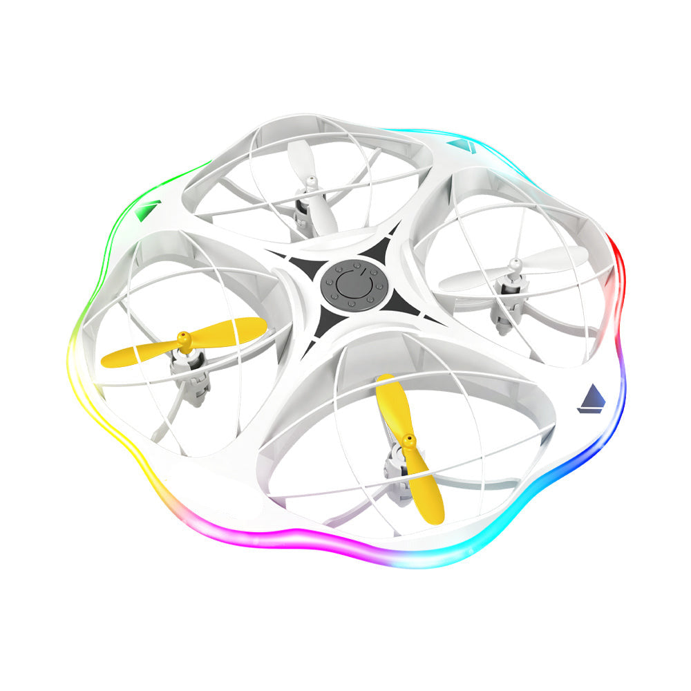 White drone with colorful LED lights on a white background