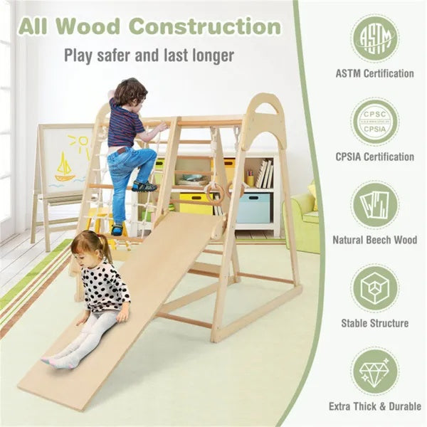 Children playing on a wooden play set with safety certifications displayed.