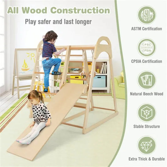 Children playing on a wooden play set with safety certifications displayed.