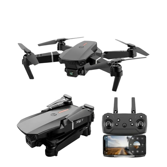 Black drone with 4K camera, remote control, and smartphone displaying camera feed on a white background.