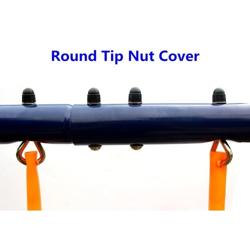 Round tip nut cover on a blue pipe with orange clamps against a white background