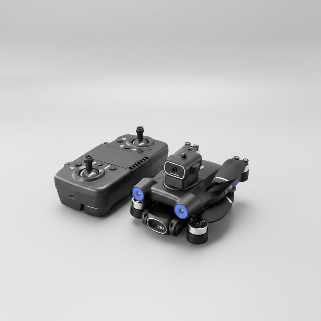 Black drone with control remote on a gray background