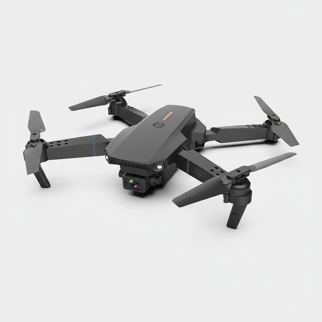Black drone with features highlighted on a white background