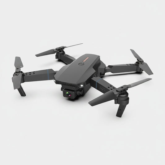 Black drone with features highlighted on a white background