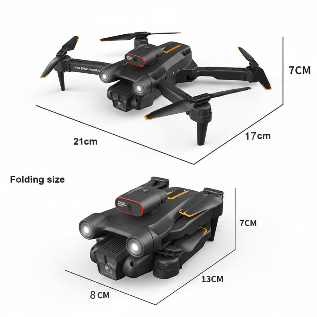 Measurement chart of a drone in both unfolded and folded states on a dark background.