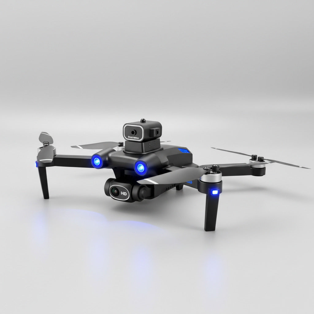Black drone with propellers on a white background